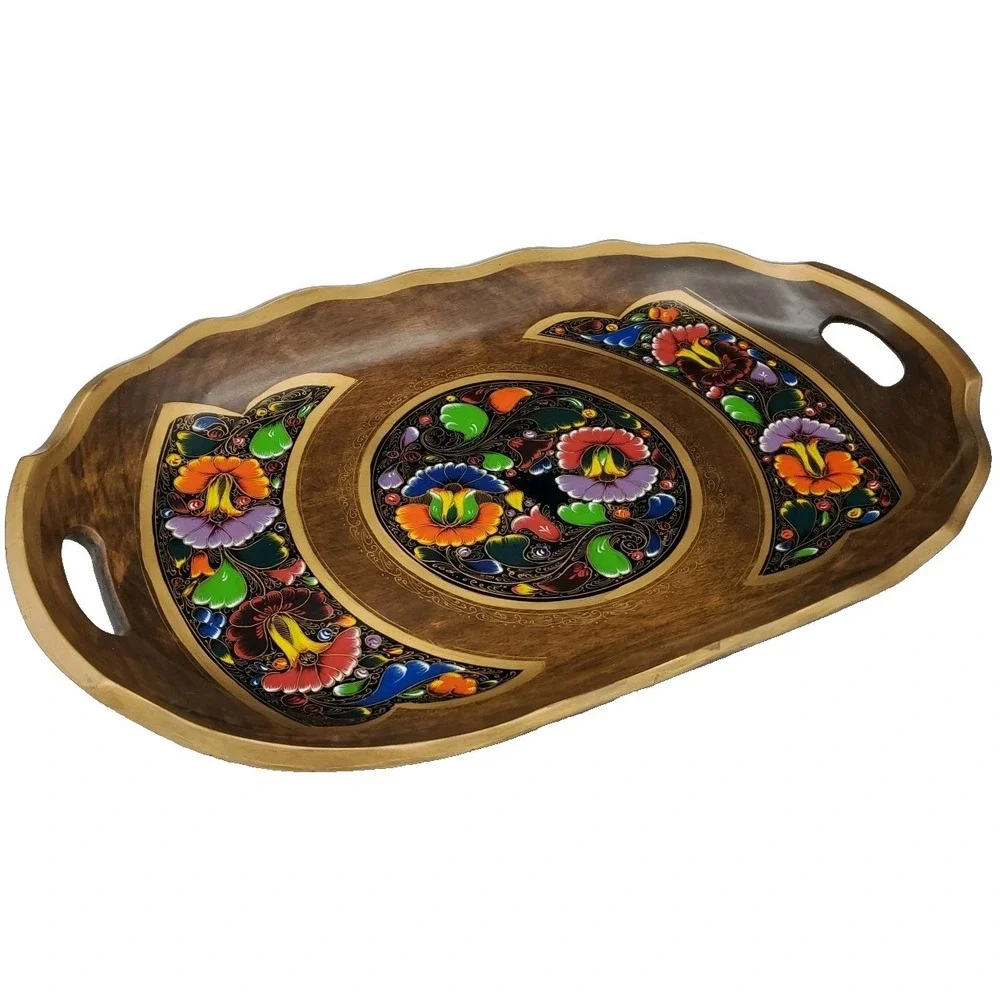 Vtg Mexico Batea Wood Hang Decor Serving Tray Handles Handpainted Bright Flowers